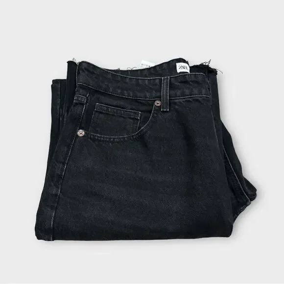 Zara Black High Waisted Hi Rise Raw Hem Straight Leg Casual Denim Jeans Pants - Picture 5 of 6